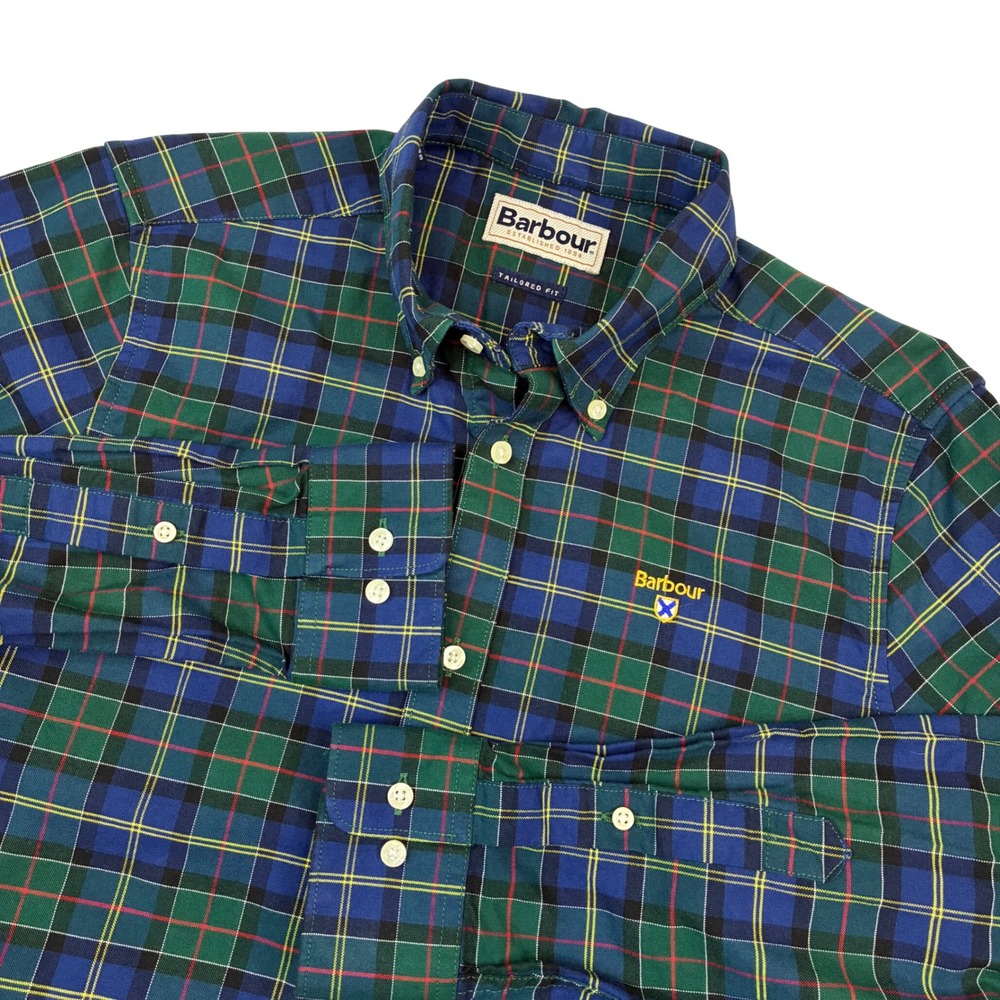 Barbour Button Down Shirt Mens Small Green Blue Tartan Plaid Tailored Fit Logo